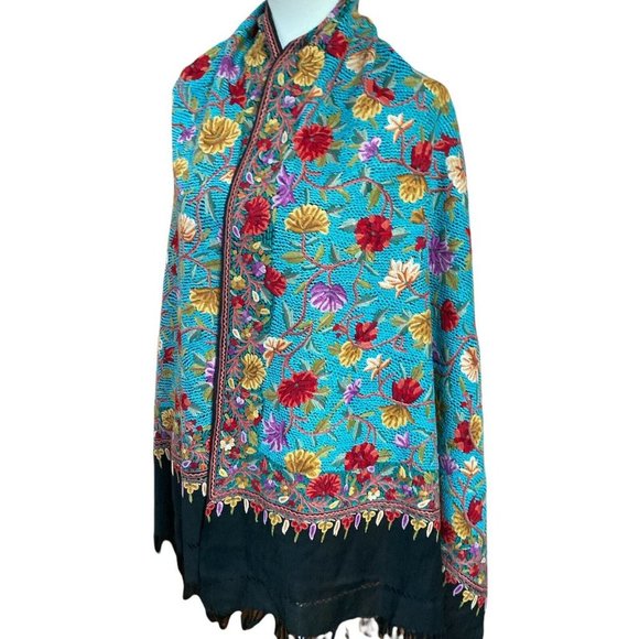 Kashmir Shawl Hand Embroidered Cashmere Hook Work Turquoise Indian Stole - Picture 2 of 12